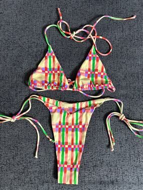 RESA Bikini Set Multicolor Plaid Triangle Tie Side Thong size XS/S